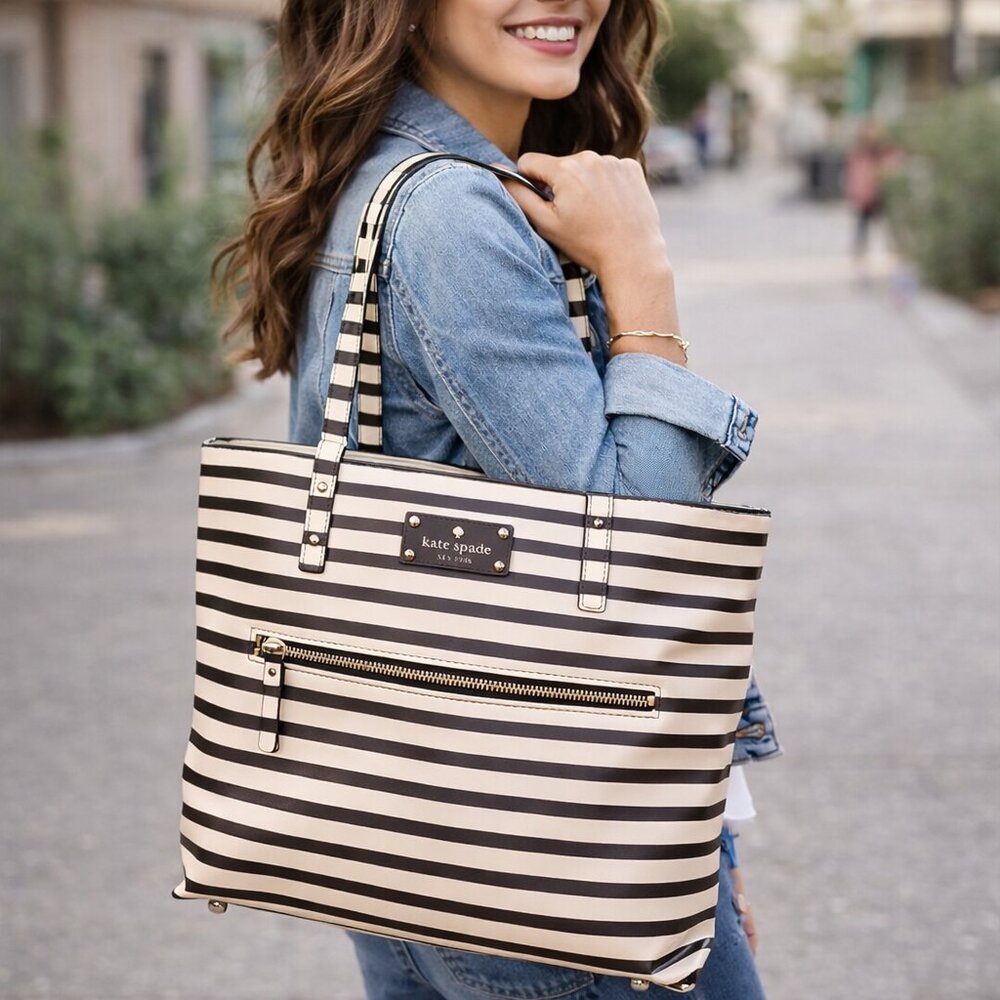 Kate Spade Penn Valley Cream & Brown Stripe Shopper Tote | Classic & Spacious